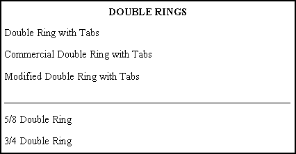 Text Box: DOUBLE RINGSDouble Ring with Tabs                         Commercial Double Ring with Tabs      Modified Double Ring with Tabs           ________________________________________________________5/8 Double Ring 		         3/4 Double Ring		         